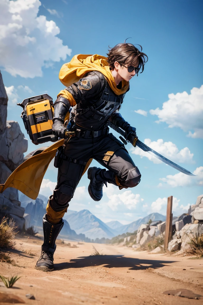 Best quality, masterpiece, 4K, 8K, wallpaper, game CG, concept art, Unreal Engine, 3D style, Octane Rendering, highly detailed CG, featured on ArtStation, character design, 1 boy, cute, Medium-Length Haircuts & Mid Fades hair style, wearing yellow protective hood, male warrior, superhero outfit, happy, running forward, cyberpunk, visor, sensor, sword, barren land, dry ground, dead trees, light cloudy sky, front view, full body, perfect lighting, Beeman character, holding a sword, wearing black glasses