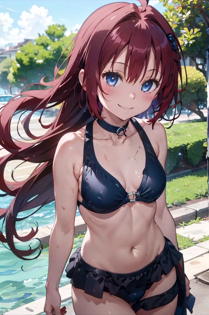 an anime girl is seen in the video of her showing her chest, 1girl, outdoors, swimsuit, solo, RED HAIR , BLACK bikini, CHOKER , WET BODY, SMILE , braid, day, navel, ahoge, halterneck, bare shoulders, ocean, very long hair, sunlight, blue eyes