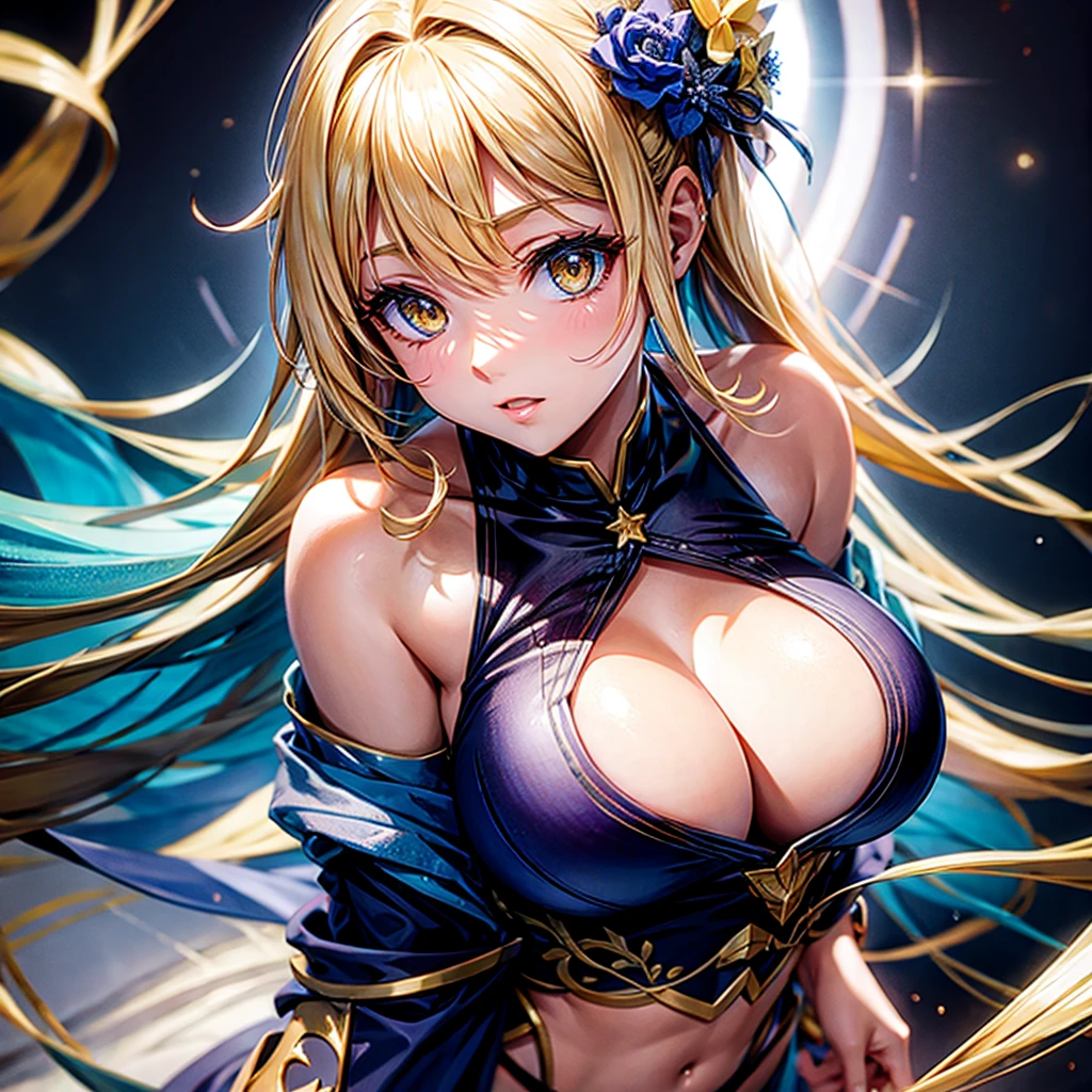 ((BEST QUALITY)), ((DETAILED)), BLONDE HAIRED WOMAN WITH BLUE AND YELLOW EYES IN STARS