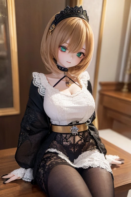 photorealistic, realistic photo, ((highest quality)), ((masterpiece)), (extremely detailed), kukolnydom, doll, (mature woman:1.7), solo, cowboy shot, sitting on sofa, green eyes, (looking down, blank eyes, empty eyes, detailed eyes:1.3), light smile, dress, museum, 8k