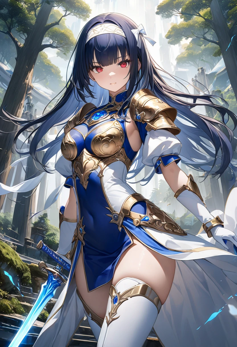 Highest quality、unity 8k wallpaper、32k、masterpiece、Very detailed、Ultra-high resolution、Very detailedな顔, RAW Photos, Professional, Ultra-fine painting, Blue long straight hair、Blue and silver headband、Red Eyes、(Tree Eyes), Cool and sharp features, Hime cut, 20~A female magical warrior, about 24 years old.、White and gold breastplate、Blue and white leotard、(Blue and white gold-embellished pencil skirt with side armor and long slits)、Half puff sleeves with shoulder pads、A large white ribbon with a large sapphire on the chest、White and blue long gloves、White and blue thigh-high stiletto boots、whole body、Wields a sword with a glowing blue blade、The sword is floating due to magical powers