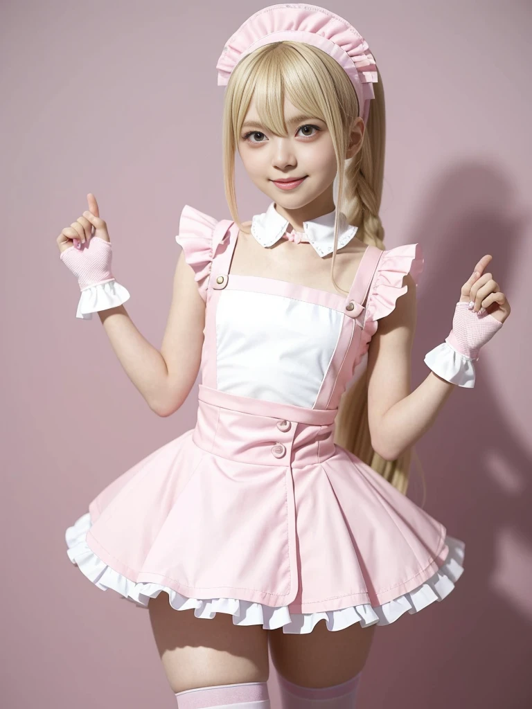 (Cartoon One Girl in Pink Maid Outfit 1.6), Little Curvaceous , Shikamimi, Danganronpa, Anime Stylization, Anime Girl in Maid Costume, Stylized Anime, Blonde, Portrait, Cute Pose, Smiling, A girl with beautiful slender legs and futuristic luxury sneakers