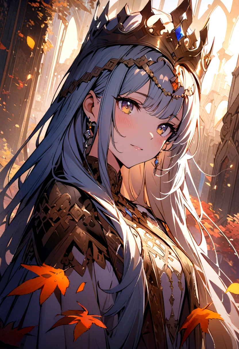 Beautifully painted, high quality, Ultra-detailed CG illustrations,Depicting a young queen with a serene expression, crown, Luminous design, Soft colors, Ink Drops, Autumn Lights, The scenery behind is vast and breathtaking, Lead the audience into a wonderful and exploratory world.