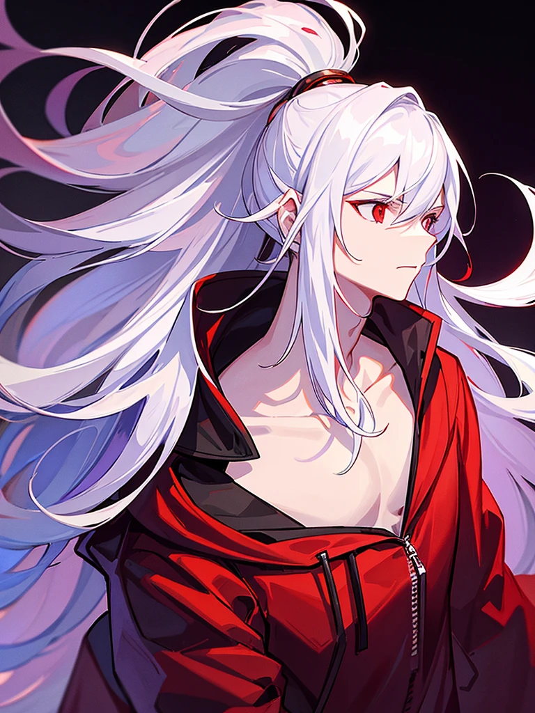 A serious young man with white hair, red eyes and black sclera. He is wearing a red hoodie with purple details. Dungeons and Dragons art direction, studio ghibli Style, light brushstrokes