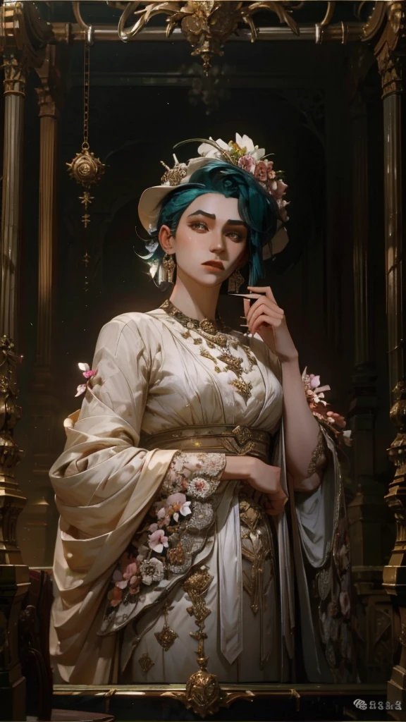 paint a decorative painting,Fashion girl with hat,Girl drinking coffee,modern girl,Bright and harmonious colors,(Decorative painting:1.6),dressed in:Exquisite noble robe,Elaborate Eyes,delicated face,Delicate earrings,simple backgound,flowers blooming,A sea of flowers,(tangled,datura,Tangles,entangled), (s fractal art: 1.3),simple backgound,Upper part of the body,