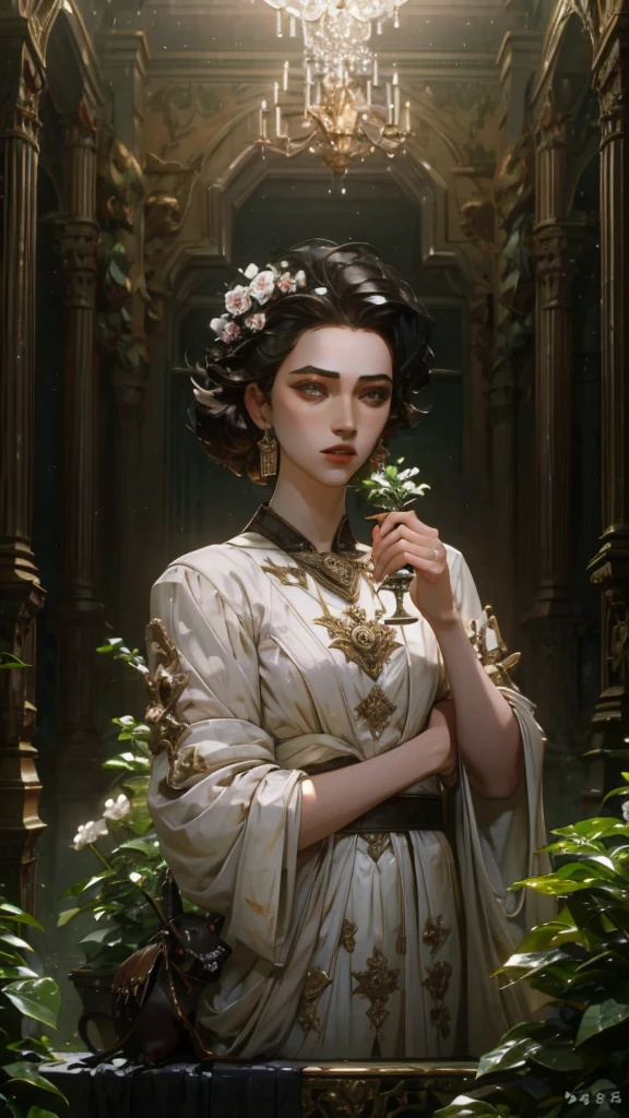 paint a decorative painting,Fashion girl with hat,Girl drinking coffee,modern girl,Bright and harmonious colors,(Decorative painting:1.6),dressed in:Exquisite noble robe,Elaborate Eyes,delicated face,Delicate earrings,simple backgound,flowers blooming,A sea of flowers,(tangled,datura,Tangles,entangled), (s fractal art: 1.3),simple backgound,Upper part of the body,