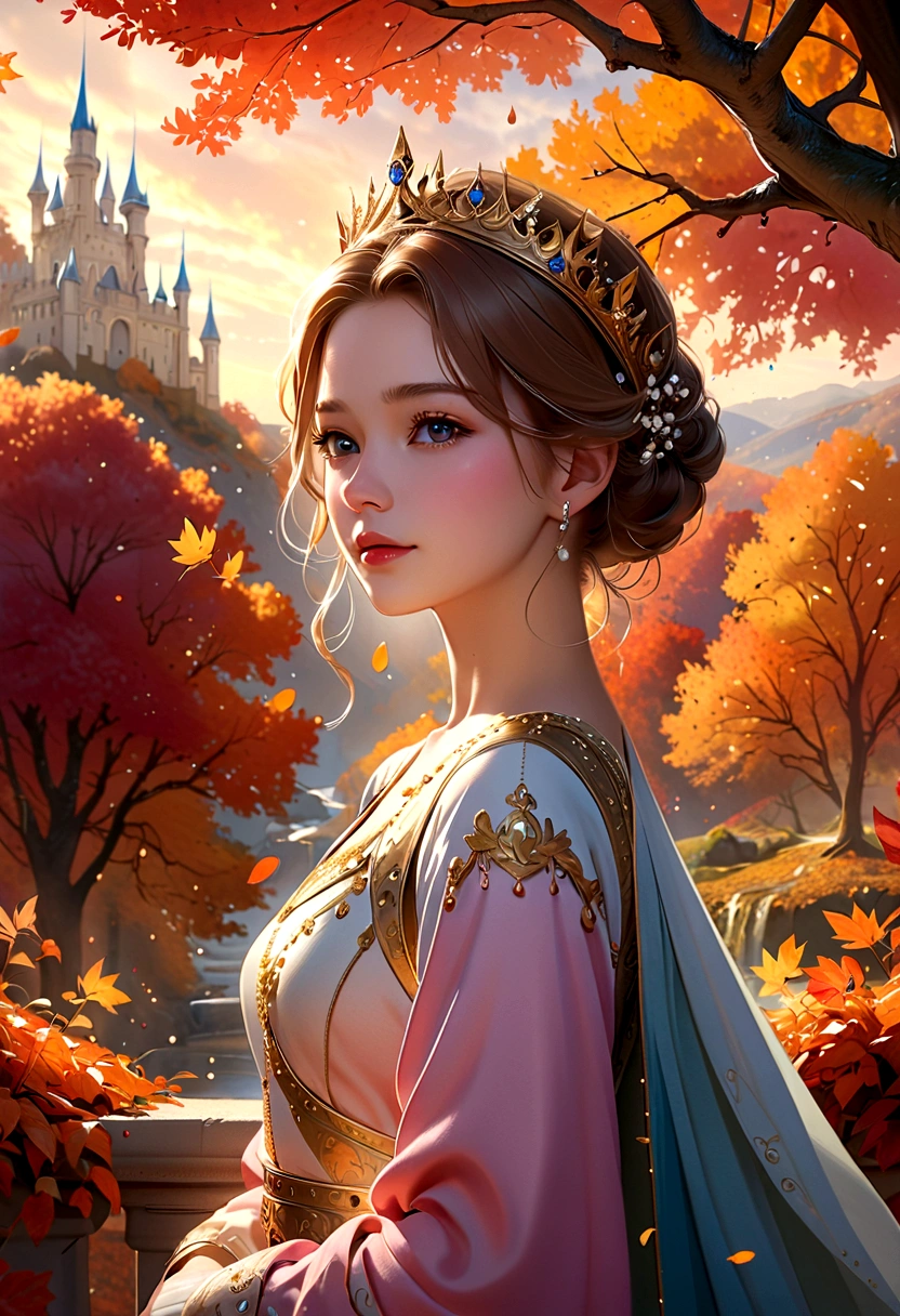 Beautifully painted, high quality, Ultra-detailed CG illustrations，Depicting a young queen with a serene expression, crown, Luminous design, Soft colors, Ink Drops, Autumn Lights, The scenery behind is vast and breathtaking, Lead the audience into a wonderful and exploratory world.