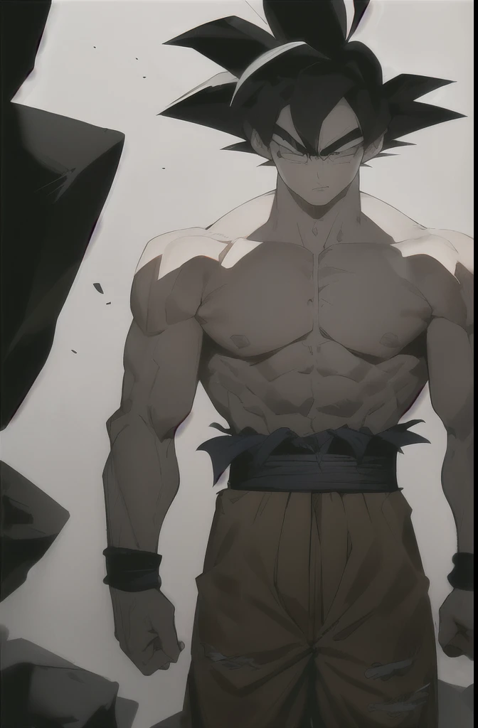 son goku, 1boy, closed mouth, male focus, muscular, muscular male, rock, sash, serious, solo, spiked hair, topless male, torn clothes, ultra instinct, black eyes, black hair, ((masterpiece))