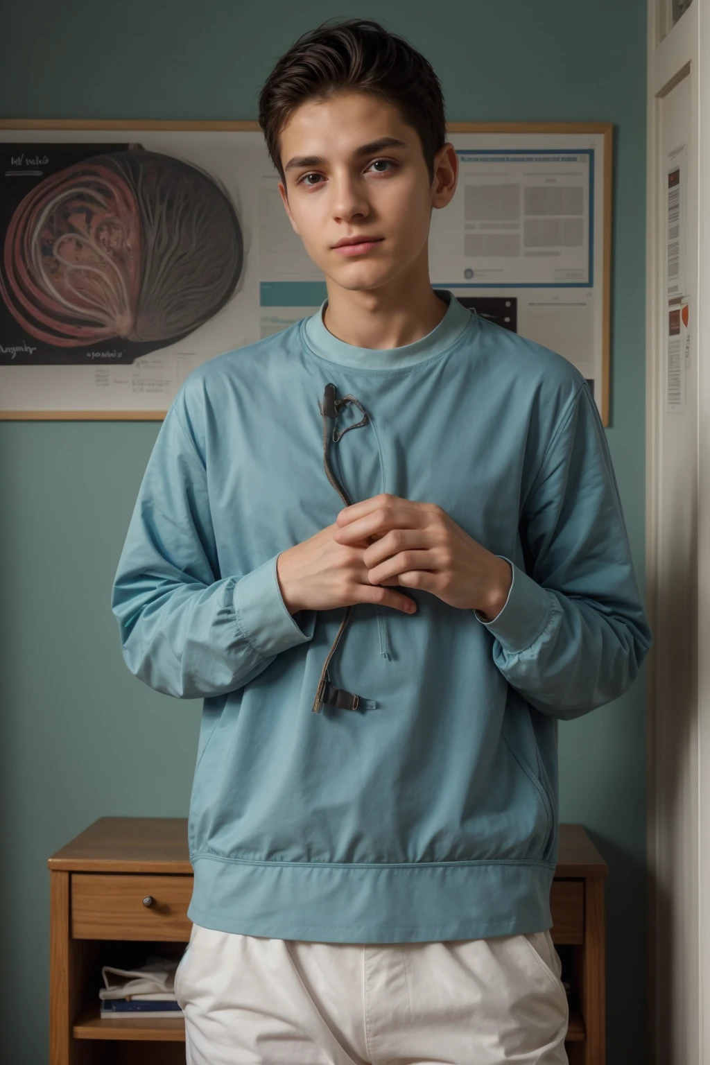 A beautiful young male twink, cute, with black hair, a face with reddish make-up, wearing a bright white long-sleeved shirt and aqua blue pants. He is in his office, and behind him is a blackboard on which is written the shape of the brain and its anatomy, from which nuclear energy emerges, and in his hand is a paper sheet with manuscripts on it.  The phrase “The Greatest Mind.”
