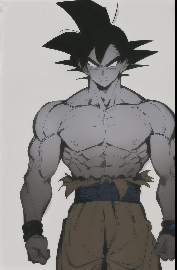 son goku, 1boy, closed mouth, male focus, muscular, muscular male, rock, sash, serious, solo, spiked hair, topless male, torn clothes, ultra instinct, black eyes, black hair, ((masterpiece)) 