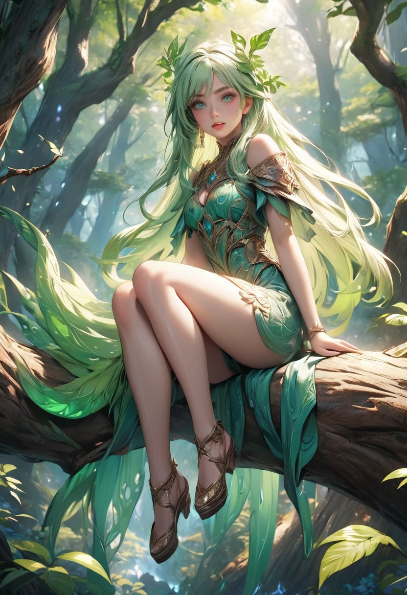 anime style illustration, 1girl, princess, light green hair, green forest spirit, beautiful light green hair, nature, fantastical, detailed face, beautiful light green eyes, expressive eyes, detailed lips, sitting on a branch on a high tree, legs dangling, (best quality,4k,8k,highres,masterpiece:1.2),ultra-detailed,intricate details, vibrant colors, fantasy art, digital painting, cinematic lighting, magical, cinematic angle, full-body view