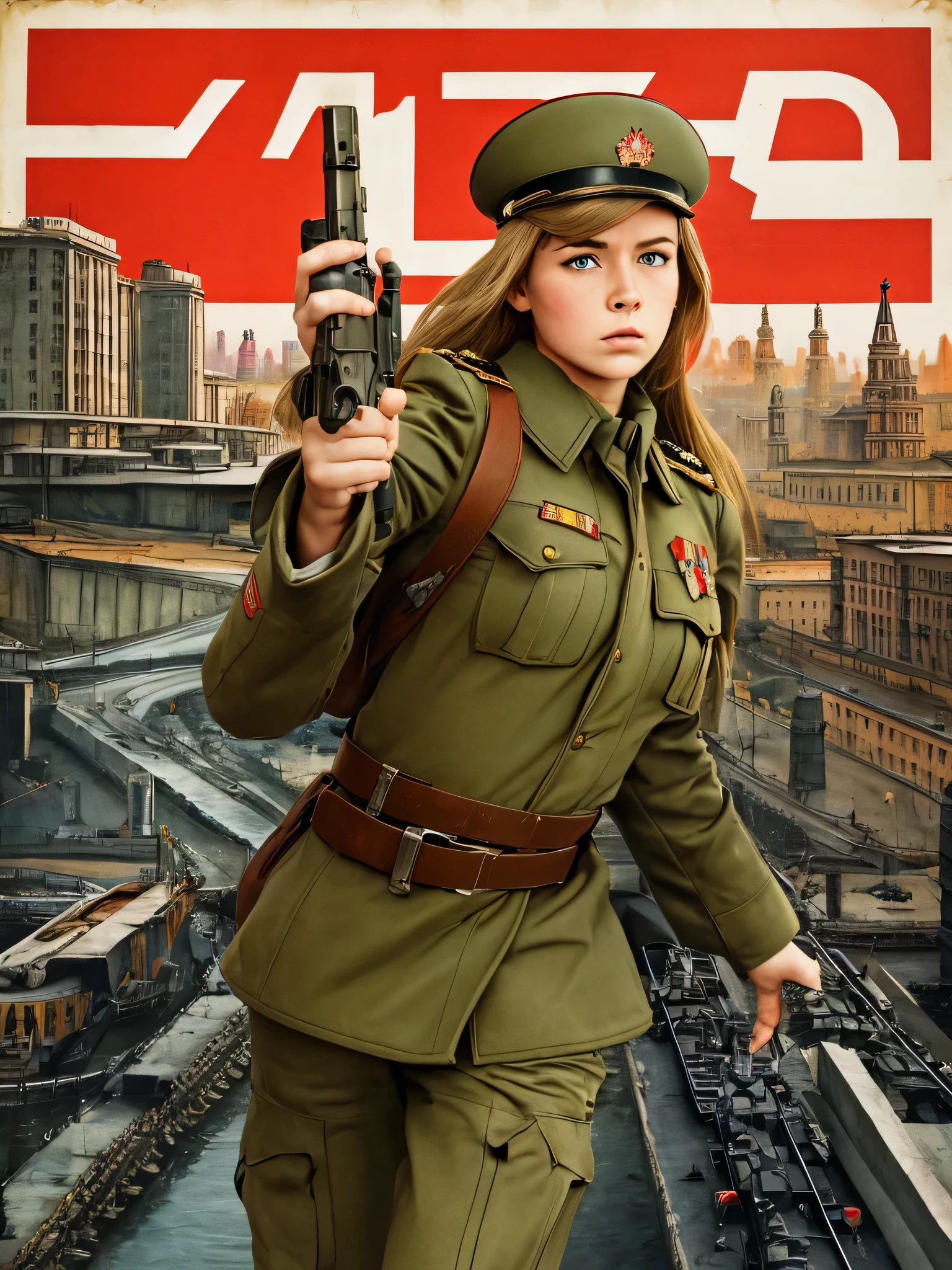 best quality,masterpiece,highly detailed,ultra-detailed, 1girl,cityscape, ussr soviet umion, propaganda, poster, army, beaurty Russian girl, Russian army uniform,realistic, angry face, fighting pose