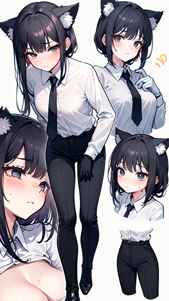 18-year-old Shota,cute,Wear a white long-sleeved shirt and a black work tie,Wear black pants,Wear black booties,Wear white gloves,wear cat ear,Black hair,Black eyes,Handsome,Disdainful and cold expression,shy,blush,Sweating,porn