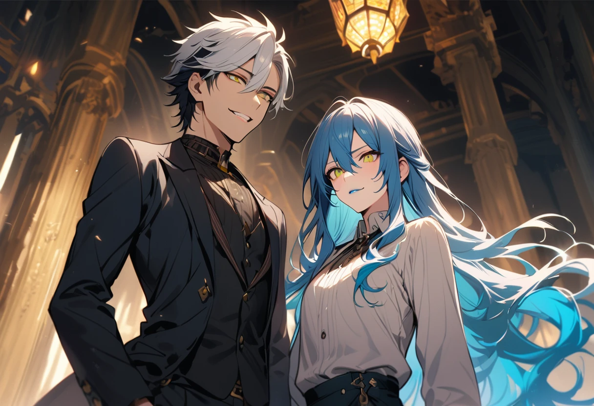 (pieces fly), (highest quality), very detailed, ((two men)), perfect face, beautiful face, very detailed face,(black haired man:1.3),(white haired man:1.3),suit,shirt,smile,flower, (1st boy,Idia Shroud, bishounen, boy, male, extremely long hair, blue hair, blue fire hair, wavy hair, yellow eyes, tired expression, blue lips, handsome, skinny, geeky, blue glow, shark teeth,) (2nd boy, malleus draconia \(twisted wonderland\) horns, bishounen, boy, male, long hair, black hair, yellow green eyes, smile, gray lips, handsome, skinny, tall, yellow green glow,)