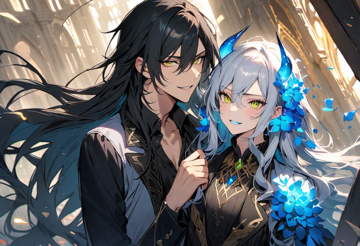 (pieces fly), (highest quality), very detailed, ((two men)), perfect face, beautiful face, very detailed face,(black haired man:1.3),(white haired man:1.3),suit,shirt,smile,flower, (1st boy,Idia Shroud, bishounen, boy, male, extremely long hair, blue hair, blue fire hair, wavy hair, yellow eyes, tired expression, blue lips, handsome, skinny, geeky, blue glow, shark teeth,) (2nd boy, malleus draconia \(twisted wonderland\) horns, bishounen, boy, male, long hair, black hair, yellow green eyes, smile, gray lips, handsome, skinny, tall, yellow green glow,)