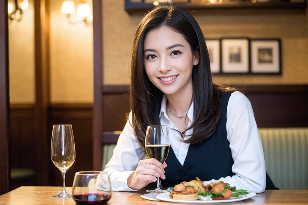 ((Highest quality、、masterpiece:1.3))、Navy、1 male 1 female、spouse、Beautiful couple、smile、full-course dinner、 (Slim face), (the body is スリム), (Brown Hair), (Shortcuts), ((Bob Hale、Straight hair:1.2)), テーブルの上のwine glass、Shine light on your face、 Amazing view of the sunset sky and clouds、smileの美しさ、Bright image、Blushing, Shortcuts, (Age 35), 39 years old, Appetizers、Italian food、Wine bottle、Champagne、sparkling wine、Long sleeve shirt、dress、Attractive beauty、restaurant, Nova Frog Style, actress, model, Upper Body, White wine, red wine, wine glass,