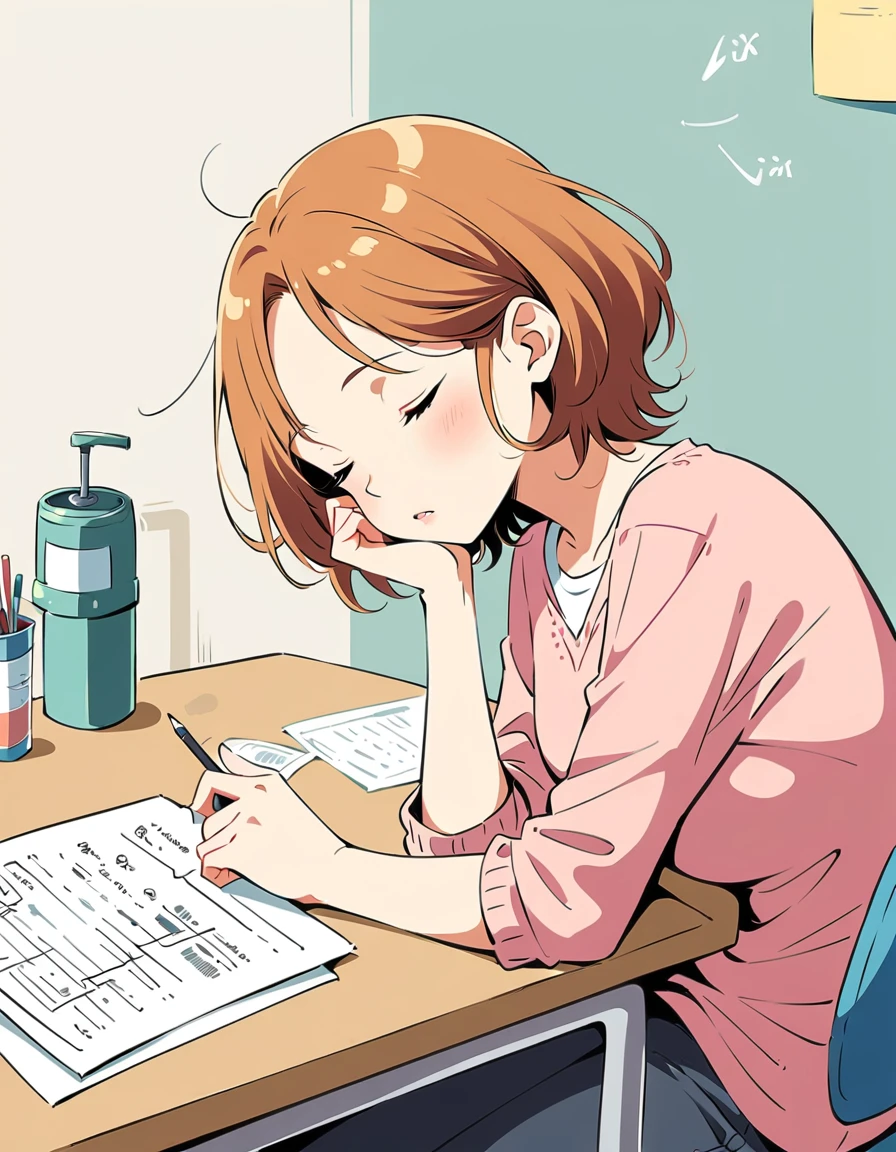 Anime style illustrations,A woman sleeping comfortably on her desk while drawing