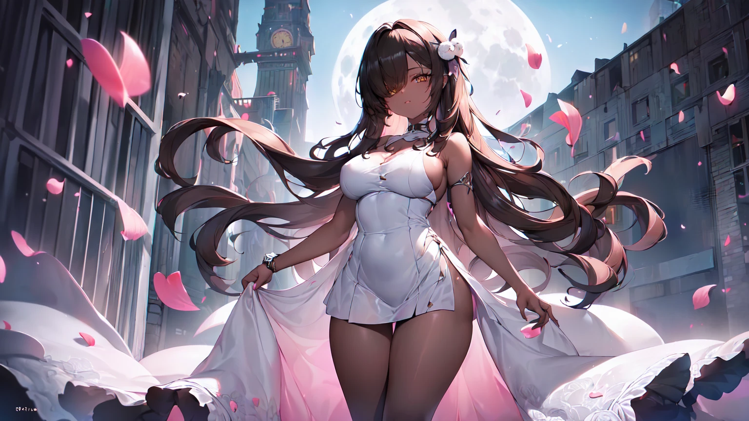 ((((Obra maestra, La mejor calidad, ultrahigh resolution)))), 1girl, standing,), ((long pure brown hair, hair over eye)), long hair cut, shiny skin, ((golden eyes)), glowing_eyes, neon eyes, (ultra detailed eyes:0.7, beautiful and detailed face, detailed eyes:0.9), ((centered)), smirk, facing viewer, ((vibrant background, dark lighting, summer, sunlight)), large chested, looking at viewer, ((half closed eyes)), ((perfect hands)), (((head:1, arms, hips in view, elbows, legs, in view))), ((hands behind back)), empty eyes, beautiful lighting, ((outside, outdoors)), defined subject, head tilt, (((gritty)), ((creepy)), ((cool)), ((beautiful)), (((SFW))), hair ornament, petals in the air, moon in the sky, city, mature woman, adult woman, sfw, pink and white dress, night dress, she is a princess, gal, dark skin,