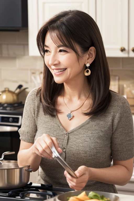 Create an image of a mature woman in her 50s with long, mixed brown and black hair, smiling in a kitchen. The setting should show a warm and inviting kitchen with various kitchen items like utensils, countertops, and cabinets visible. The woman should appear happy and content, perhaps engaged in cooking or preparing something. She should be wearing a necklace and earrings, adding a touch of elegance. Ensure that her hands are visible with five fingers on each hand. She should have a friendly and approachable demeanor, with an element of mature beauty and grace.

