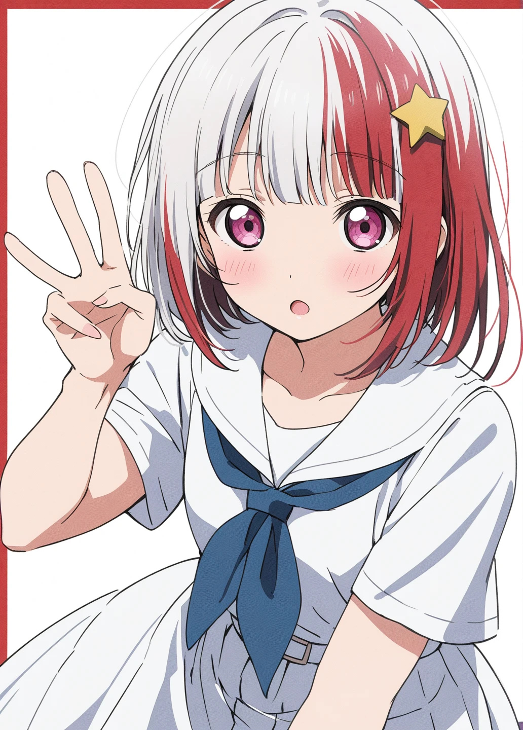 1girl, best quality, masterpiece, anime, anime coloring, simple background, white background, white theme, red outside border, looking at viewer, :o, yugiri tsuzuri, link! like! love live!, short hair, bangs, multicolored hair, hair ornament, streaked hair, white hair, red hair, pink eyes, blunt bangs, star hair ornament, white belt, summer uniform, hasunosora , short sleeves, blue neckerchief, white shirt, white skirt, cowboy shot, sitting, v, peace_sign