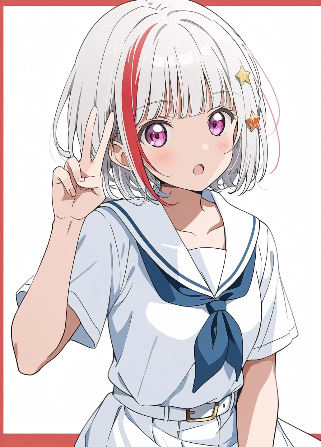 1girl, best quality, masterpiece, anime, anime coloring, simple background, white background, white theme, red outside border, looking at viewer, :o, yugiri tsuzuri, link! like! love live!, short hair, bangs, multicolored hair, hair ornament, streaked hair, white hair, red hair, pink eyes, blunt bangs, star hair ornament, white belt, summer uniform, hasunosora , short sleeves, blue neckerchief, white shirt, white skirt, cowboy shot, sitting, v, peace_sign