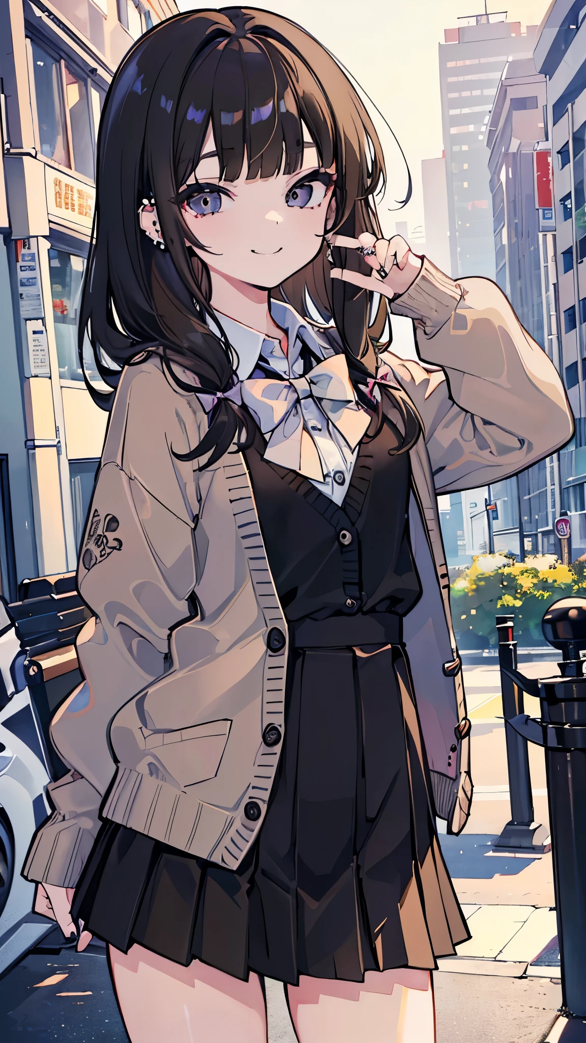 (8K、Best image quality、Highest quality、masterpiece)、Detailed face、 One girl、Black Hair、Long Hair、blunt bangs、Grey Eyes、evil smile、((lots of piercings))、Small breasts、((White collared shirt))、A bow tie、((brown cardigan))、((Black pleated skirt))、((Miniskirt))、Cowboy Shot、City Background
