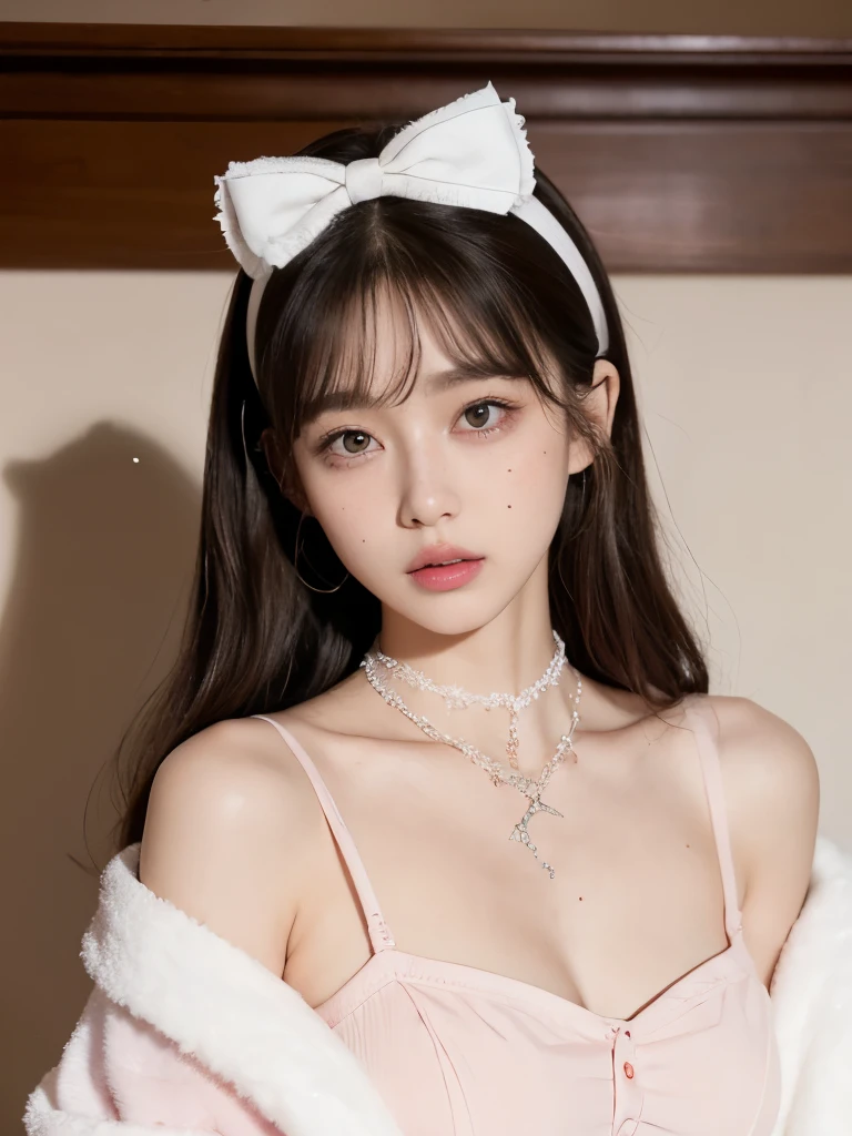 Kim Jennie with white brown hair, with curlers at the ends, with two bows on each side of the hair, all her white hair brown, with a star clip in her white brown hair, light colored eyes, Beautiful eyes, crying eyes, Beautiful, splash nose, watery nose, Beautifuls labios, pink lips, heart and cupid shaped lip, Beautiful skin, pale, White skin, with moles and freckles all over his face, soft pink blush on cheeks, natural pink blush, soft pink makeup, Jennie, Nice neck, marked collar, frown, tender look, with a kiss necklace, a Beautiful kiss necklace, similar a Yumeko Jabami, while using a Crochet, with a YK2 style brown miniskirt, while having a bare abdomen, Delgado, marked and Beautiful, (big breasts, soft breasts, Beautifuls pechos), while she cosplays the character Yumeko Jabami, The anime Kakegurui., While he is with a good friend., looking to the camera