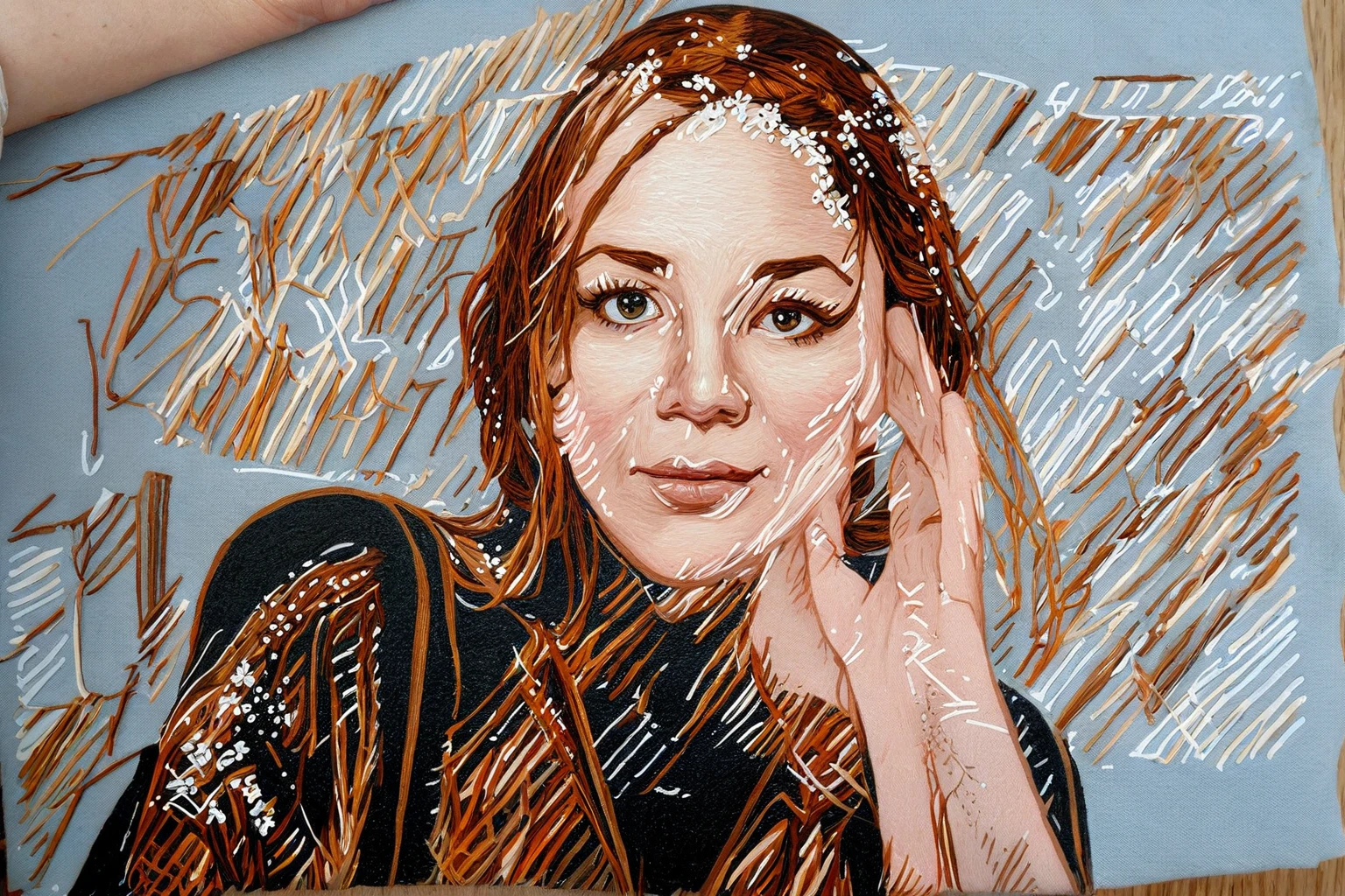 close-up image of a woman with a flower in her hair, very fine detail painting inspired by Eva Švankmajerová, flickr, serial art, portrait no. 1, 4/3 portrait, kate winlet portrait, detailed portrait of a woman, portrait of a woman with flowers, close - up portrait, medium close up portrait