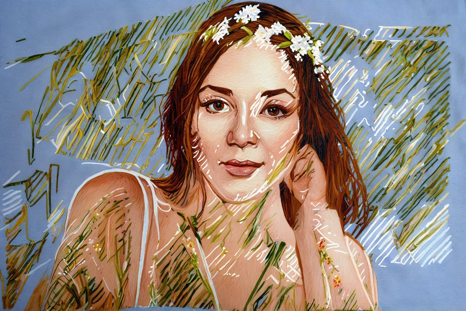 close-up image of a woman with a flower in her hair, very fine detail painting inspired by Eva Švankmajerová, flickr, serial art, portrait no. 1, 4/3 portrait, kate winlet portrait, detailed portrait of a woman, portrait of a woman with flowers, close - up portrait, medium close up portrait