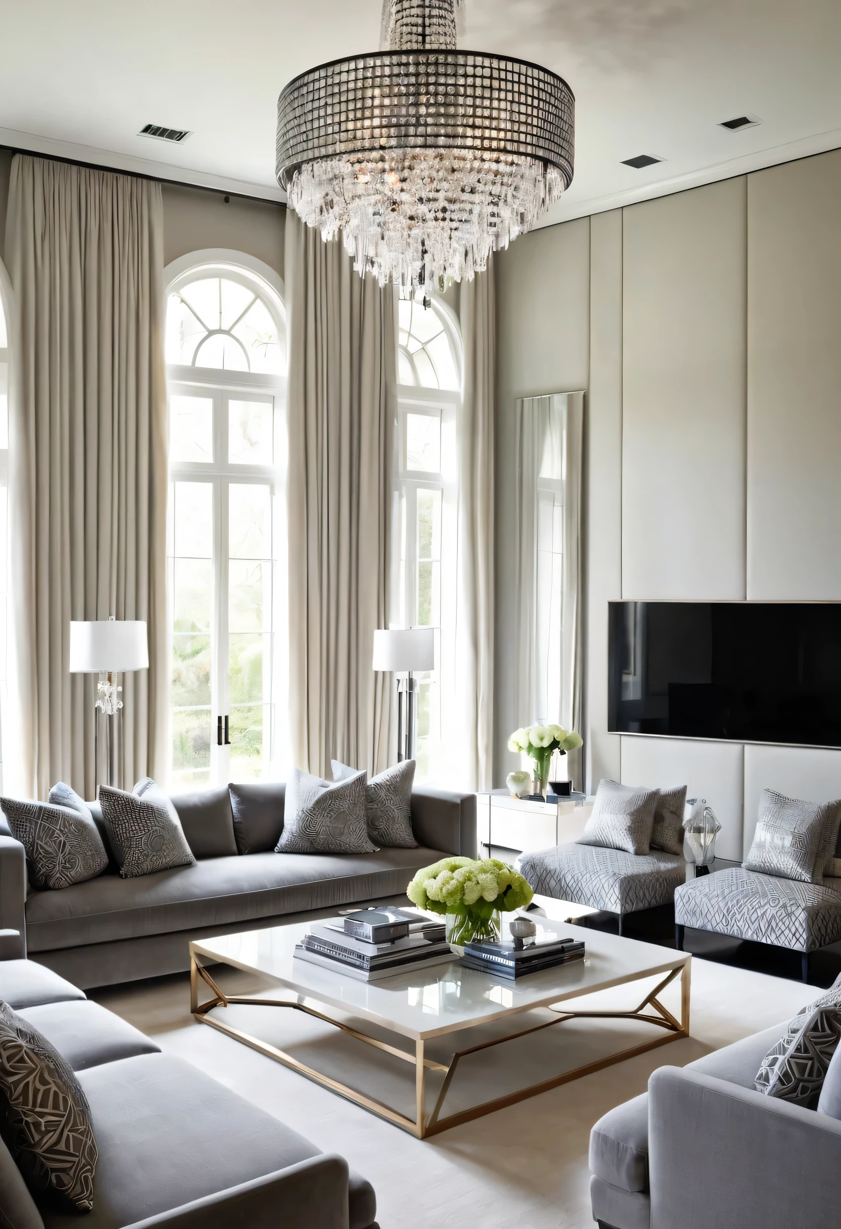 A modern living room, bathed in soft natural light, exudes an air of understated elegance. The plush gray sofas, adorned with subtle patterned cushions, invite relaxation, while the sleek, geometric coffee table and the dramatic, curved crystal chandelier add a touch of sophistication.