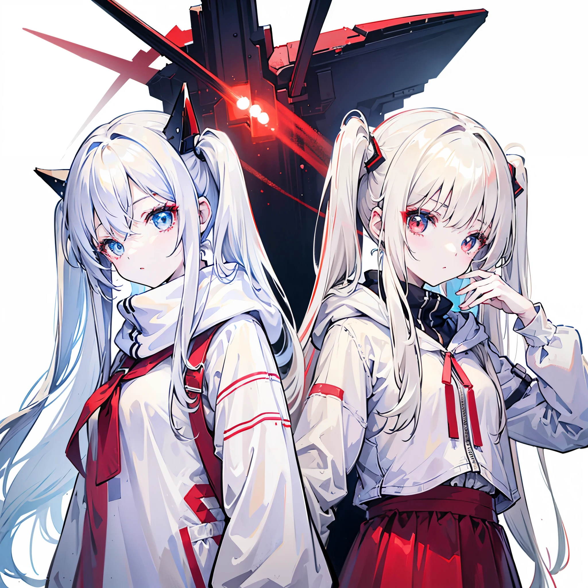 Two girls、Beige hair and red eyes、White hair and blue eyes、Twin tails、Very long hair、Shiny Hair、high quality、Simple Background、White Background、monochrome outfit、Big hoodie