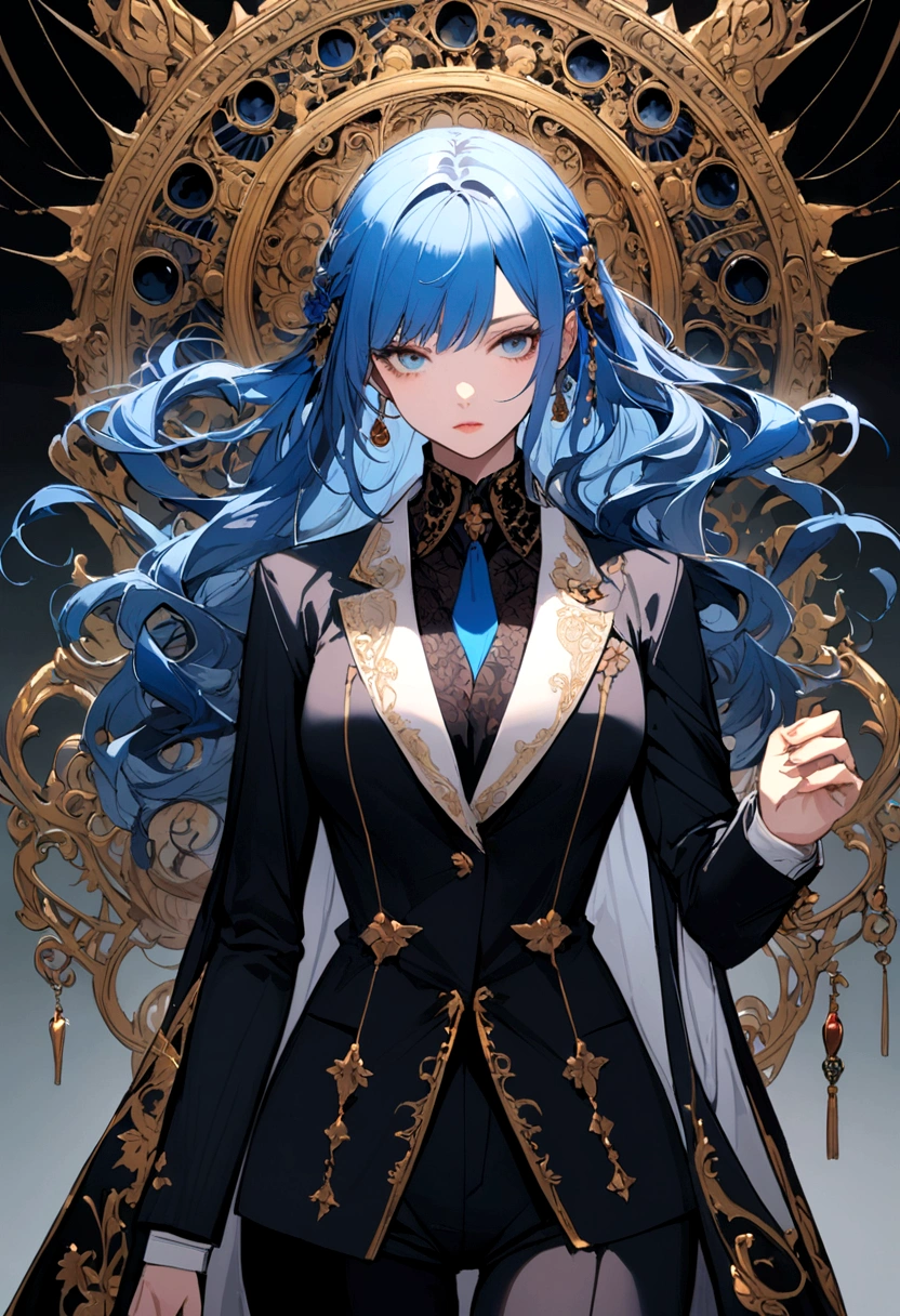 A woman with long blue hair and elegant suit 