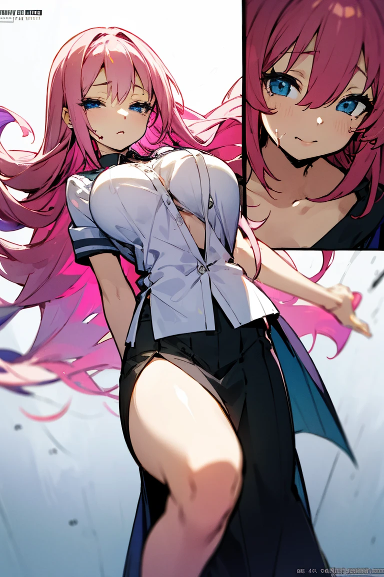 Highest quality、masterpiece、Very high resolution、Ultra HD、High Quality Pixels)、Perfect Eyes, Perfect Face, Perfect figure,alone,8K, Large Breasts,(Detailed description of the hair), (Detailed description of the face),(Detailed description of the body), Fair and translucent skin, Unparalleled beauty, Long legs, Pink hair detailing, Details have been upgraded,Clear blue eyeball color,Blood tears, No bra, uniform、classroom
