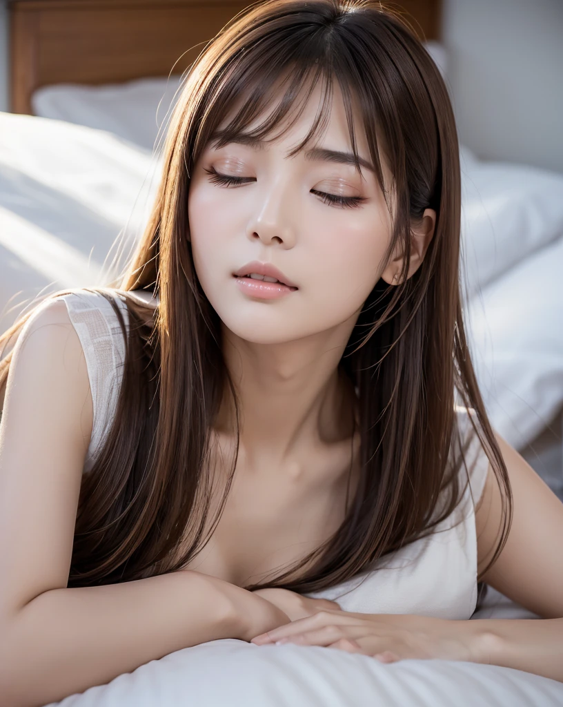 (Highest quality, 32k, High resolution, Masterpiece:1.5, ), marimo_jet, god々A photograph with brilliant dazzling and healing power., Evoking a sense of calm and elusive beauty, Expressing emotions, Have a rich imagination,Beautiful Japanese Girls, One person, ((Lying in bed:1.4)), An exceptionally beautiful face, Small Face Beauty, Perfect Human Anatomy, Motherhood and generosity, Deep Love, Innocent sleeping face, Close ~ eyes, Shiny brown hair, Intricately detailed long hair, Asymmetrical bangs, Hair between the eyes, Transparent, soft white skin, Sharp eyebrows, Thin lashes, Natural Makeup, Pale pink detailed lips, , ((Grey camisole:1.2)), High resolutionの完璧な鎖骨, High resolutionの美しい胸元, Slim figure with ample breasts, High resolutionの美しい太もも, ((A bright room with morning sunlight streaming in:1.3)), ((White bed:1.3)), Professional Lighting, Professional photographer, Professional models, god秘的