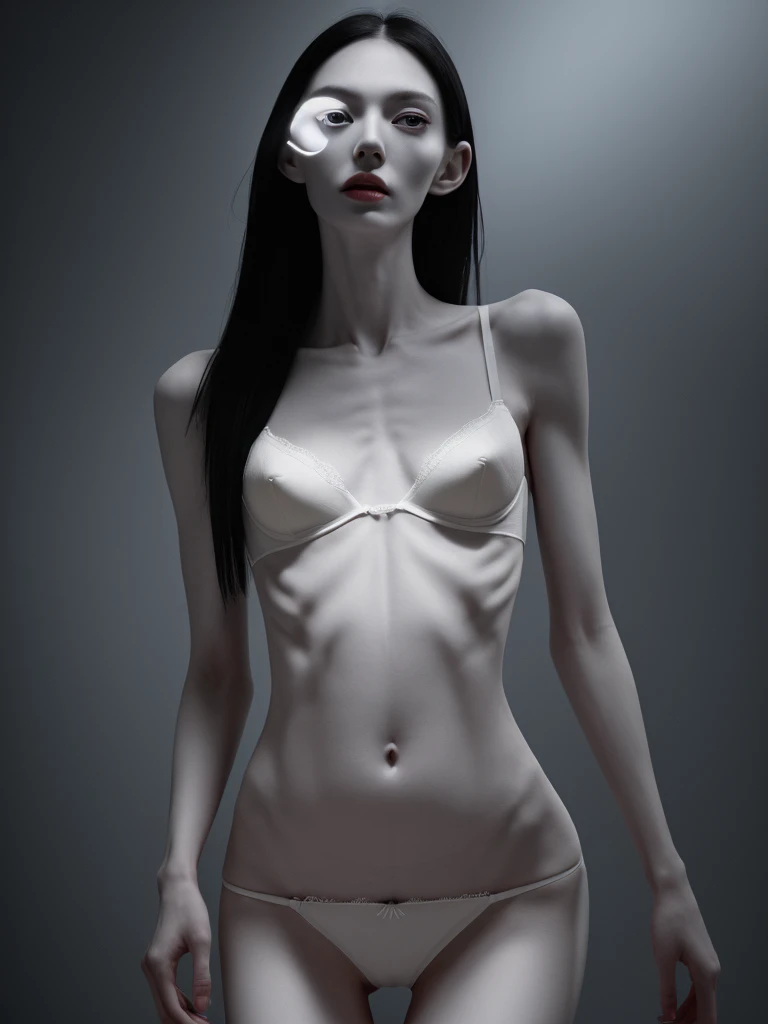a woman with an extremely thin, emaciated body, visible bones, very slender figure, pale white skin, wearing only panties and a bra, full body tattoo, full body shot, having a mental breakdown, (best quality,4k,8k,highres,masterpiece:1.2),ultra-detailed,(realistic,photorealistic,photo-realistic:1.37),extremely detailed eyes and face,longeyelashes,dramatic lighting,high contrast,cinematic