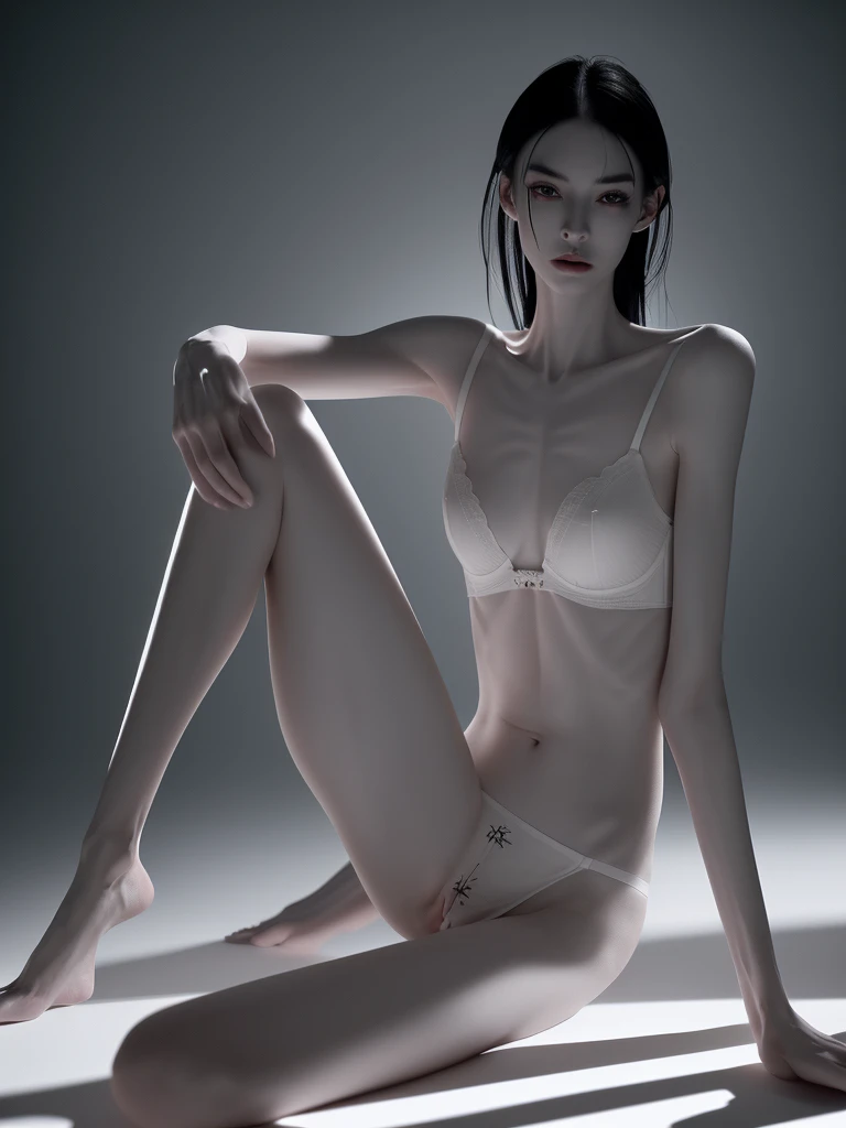 a woman with an extremely thin, emaciated body, visible bones, very slender figure, pale white skin, wearing only panties and a bra, full body tattoo, full body shot, having a mental breakdown, (best quality,4k,8k,highres,masterpiece:1.2),ultra-detailed,(realistic,photorealistic,photo-realistic:1.37),extremely detailed eyes and face,longeyelashes,dramatic lighting,high contrast,cinematic