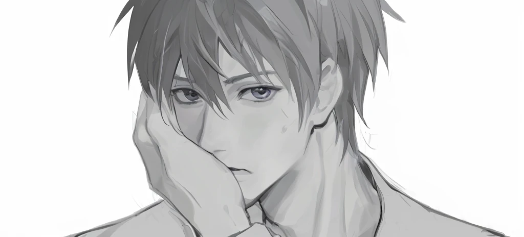 A man's avatar,A hand touches the cheek,Thick coating,Soft expression and beautiful facial features