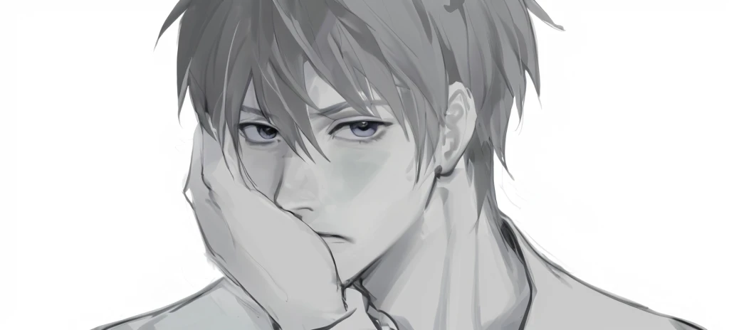 A man's avatar,A hand touches the cheek,Thick coating,Soft expression and beautiful facial features