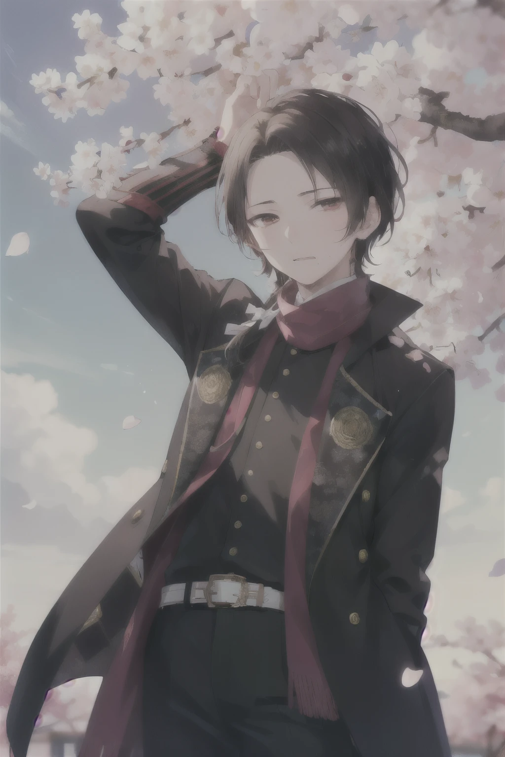 (masterpiece, Highest quality:1.2), Cowboy Shot, alone, Male Focus, One boy, Kiyomitsu Kashu, Expressionless, Mouth closed, View your viewers, ponytail, kimono, Red scarf, jewelry,Cherry blossom petals