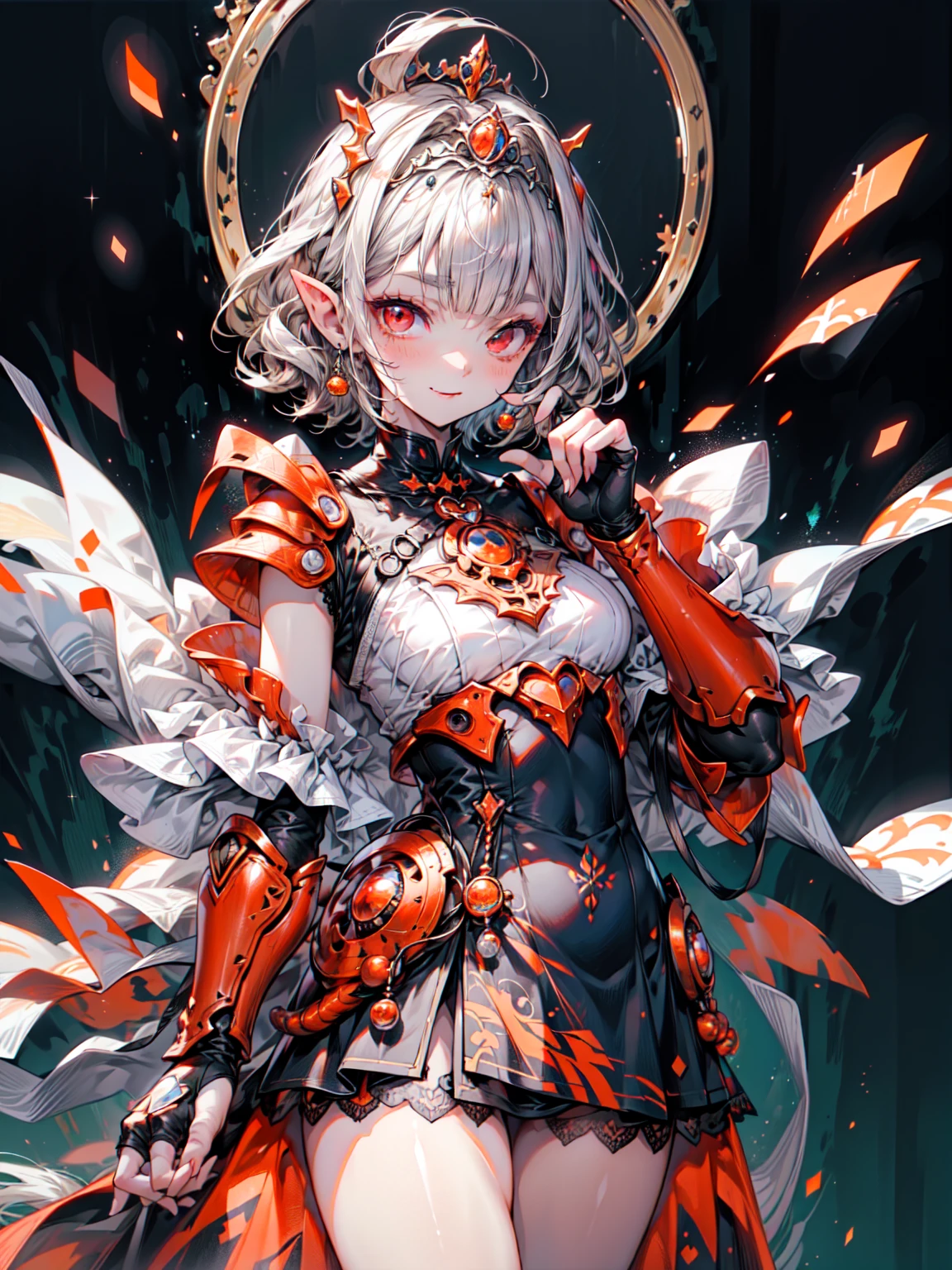masterpiece, Highest quality, 非常にdetailedな, High resolution, Japanese anime,One Girl, (Dark Skin:1.2), blonde, (short hair:1.4), (Blunt bangs:1.3), Curly Hair, Wavy Hair, Drill Hair, (eyelash:1.3), (eyebrow:1.4), (Red eyes:1.5), (Beautiful attention to detail:1.4), 邪悪なsmile, height: 130cm, original character, Fantasy, (Black background:1.2), Beautiful fingers, Are standing, (Blue and orange lace frill armor dress:1.5), (tiara:1.5) , Cowboy Shot、 View your viewers、Blake、非常にdetailed (Dark Elf), (1 Girl), alone, Perfect Face, detailed, Ahoge, ((Long Hair:1.2)), (Hair above one eye:1.3), [[Messy Hair]], 輝くblondeの白い髪, Purple eyes, Variegated eyes, Colorful Hair, Shining Eyes, Bright Eyes, Face imprint, (eyelash, eye shadow, pink eye shadow), smile, Design Art：haruhiko mikimoto, by Kawashi, By Yoshitaka Amano, Blake、((Perfect Anatomy)), Nice body, (非常にdetailed指), Best Hand, Perfect Face, Beautiful Face, Beautiful Eyes, Perfect Eyes, (Perfect Fingers), Correct Anatomy