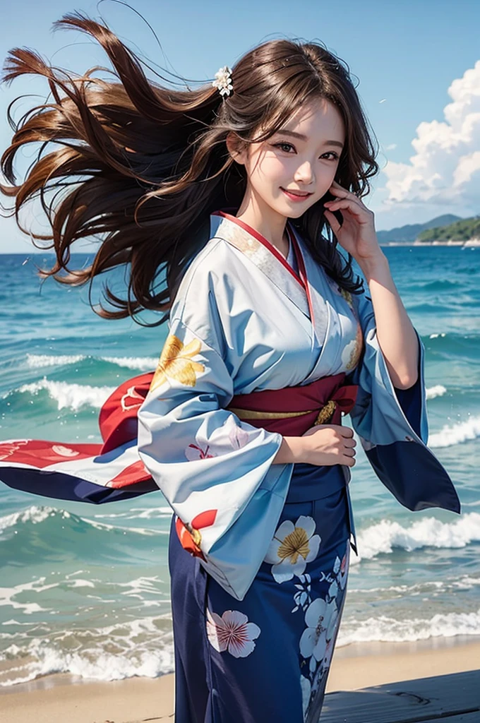 A beautiful woman wearing a wavy kimono is smiling on the beach under the summer sky, her hair blown by the wind