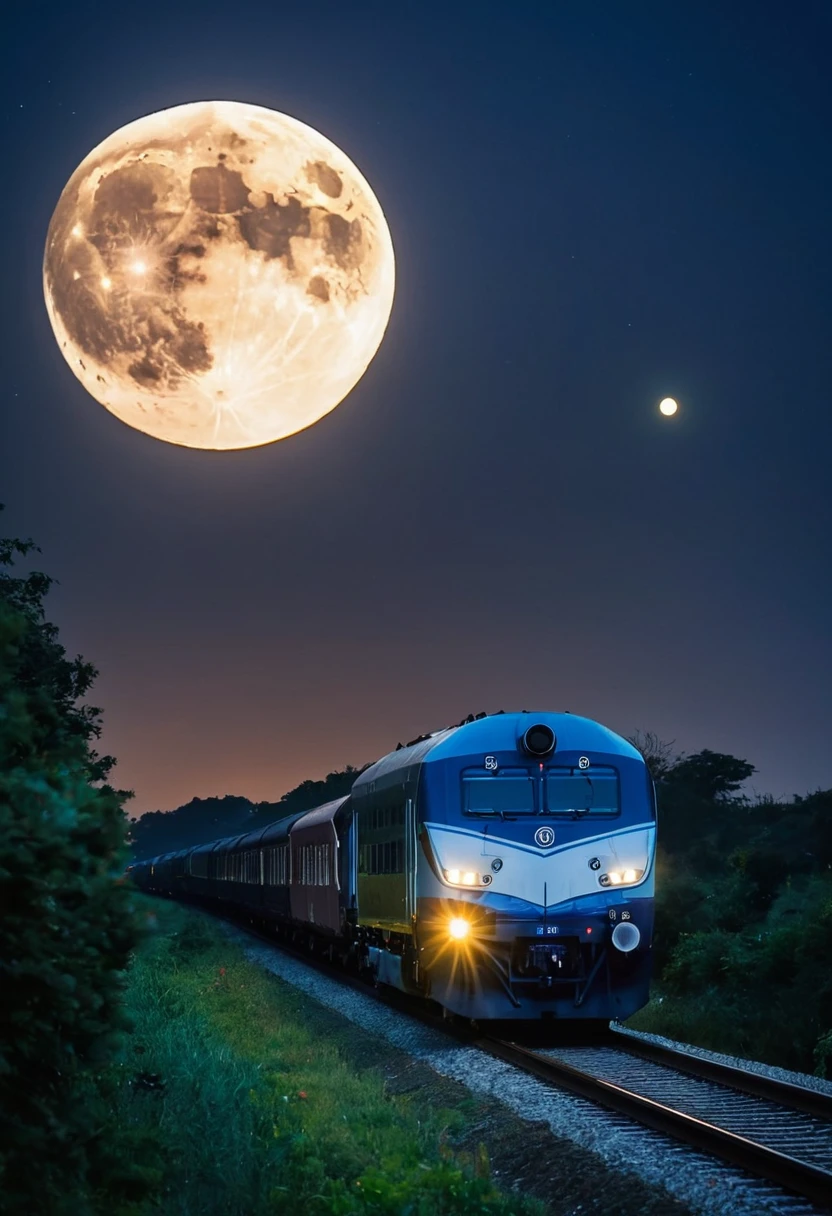 A train in the night, with the sky and the full moon showing