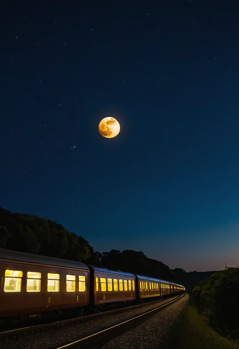 A train in the night, with the sky and the full moon showing