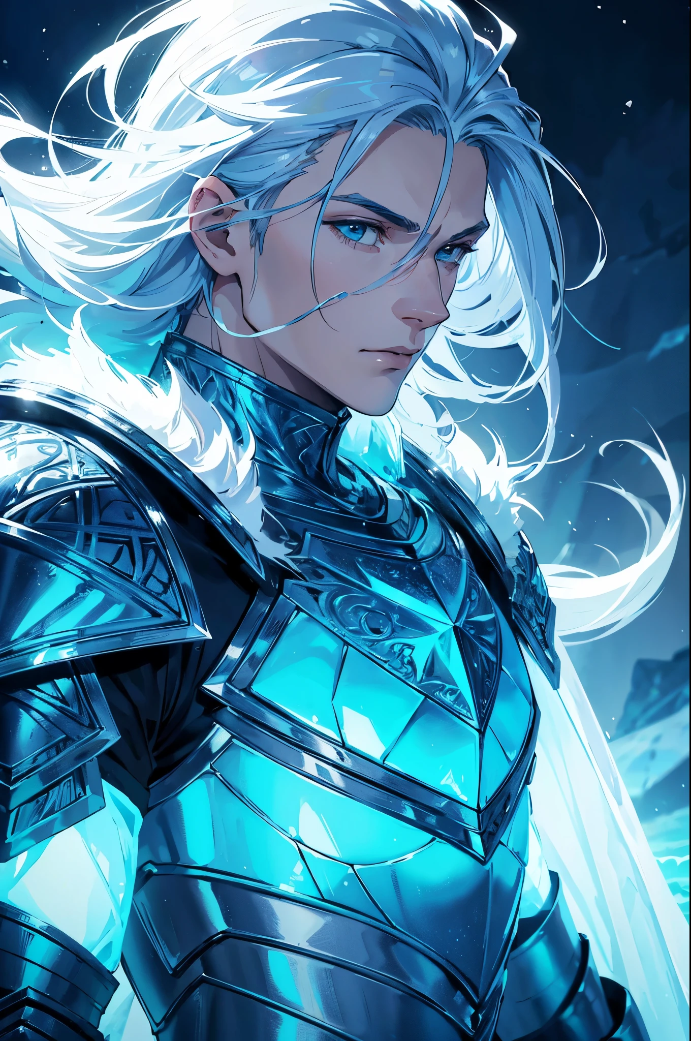 Ice knight, beautiful man with fine armor, intricate design, ocean blue details, silk, cinematic lighting, 4k, floating hair, sharp, prism, shining knight. Man with details armor.