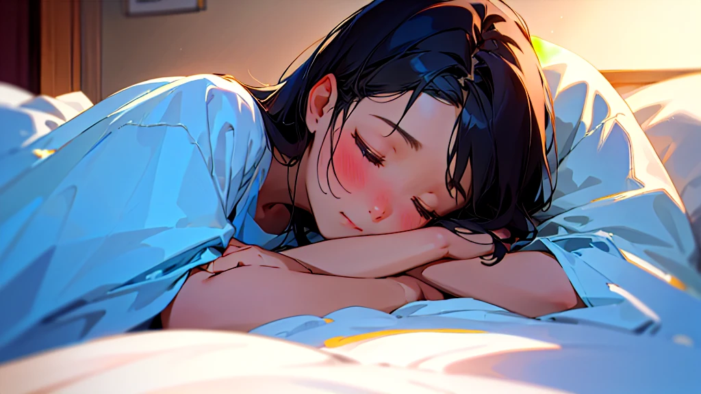 (Highest quality, masterpiece, Ultra-realistic), Beautiful and delicate15Year-old girl portrait,, The background is my bedroom at home.、Sleeping with a calm expression、Midnight、It's pitch black in the room.、It's raining outside、Rainy season、It's dark outside