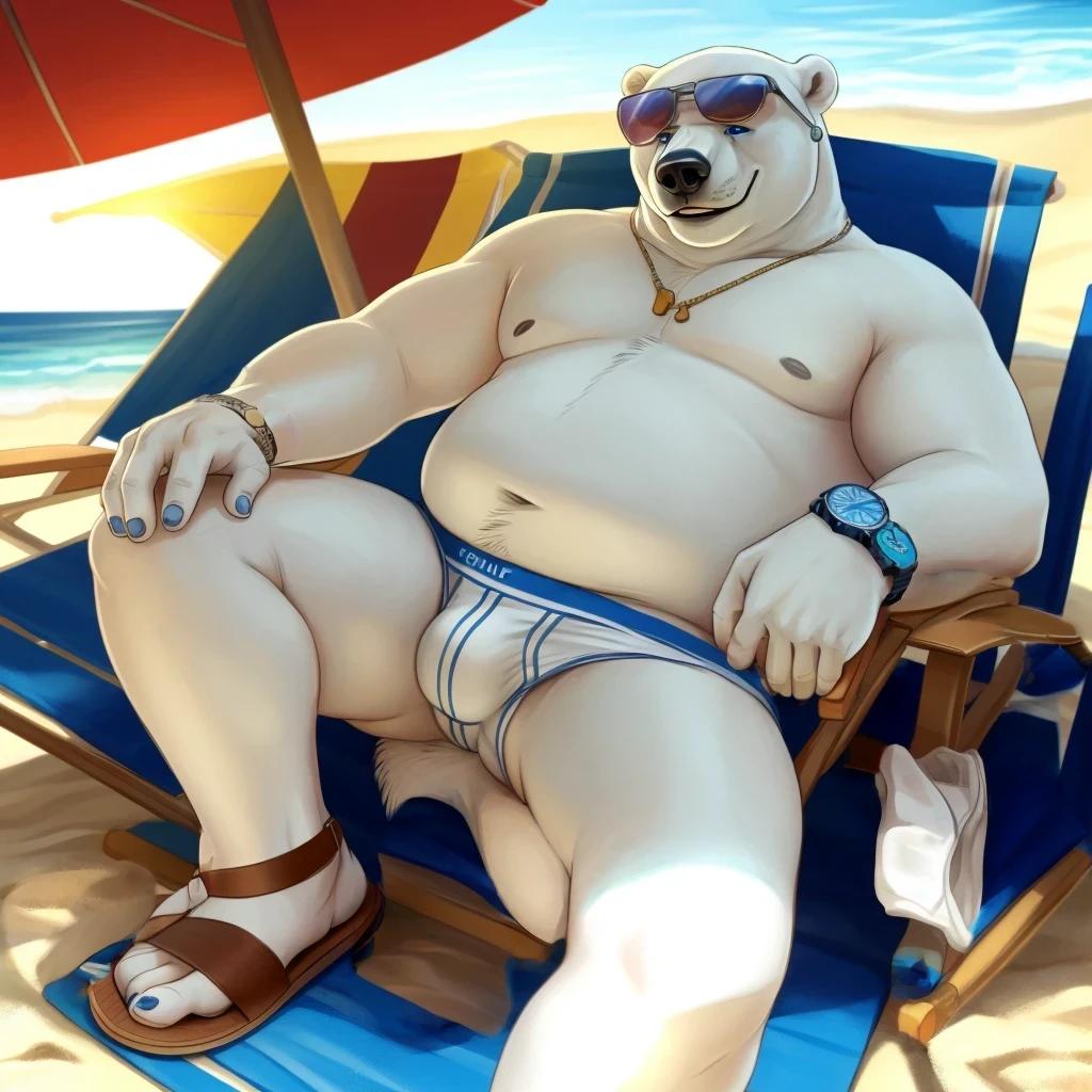 chubby dad male polar bear blue eyes, laying on chair , no clothes , white briefs , watch right hand ,hands on sunglasses , smiling , under sun , spread legs , beach background, sunlight, sandals , high quality , drawing