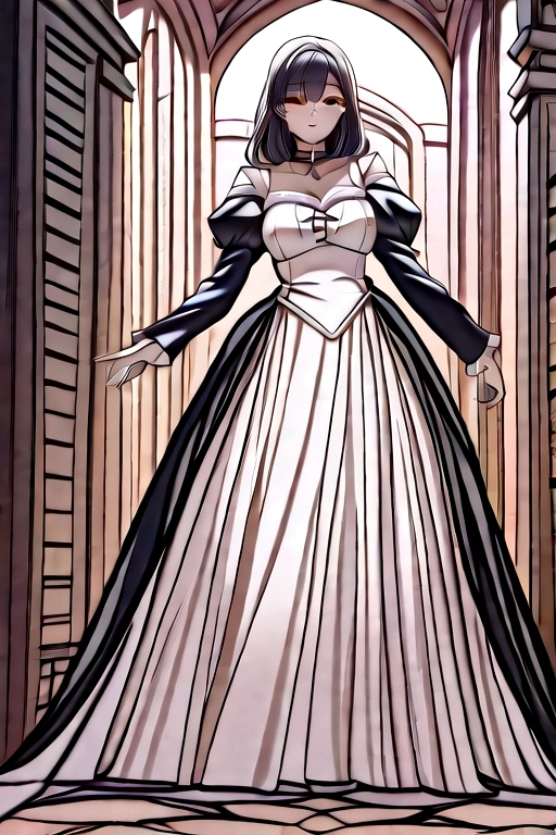 (masterpiece), best quality, expressive eyes, perfect face , full body, standing looking at the fieldstone, a vampire maiden, Appearance: Ethereal, mystical
- Intelligent, cryptic ,Deep crimson lips ,Pale and perfect skin ,Jet black hair ,Delicate features ,Bright Eyes ,Dark gothic background
Outfit:
- Victorian dress
- Long neck
- Puffed sleeves
- Floor-length skirt
- Lace and intricate embroidery
- Slender figure
- Fragility and threat
- High boots and stiletto heels