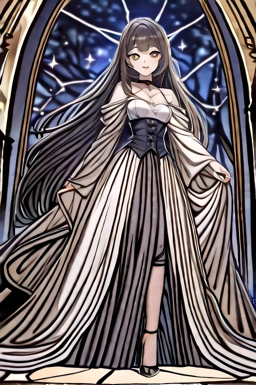 (masterpiece), best quality, expressive eyes, perfect face , full body, standing looking at the fieldstone, a vampire maiden, Appearance: Ethereal, mystical
- Intelligent, cryptic ,Deep crimson lips ,Pale and perfect skin ,Jet black hair ,Delicate features ,Bright Eyes ,Dark gothic background
Outfit:
- Victorian dress
- Long neck
- Puffed sleeves
- Floor-length skirt
- Lace and intricate embroidery
- Slender figure
- Fragility and threat
- High boots and stiletto heels