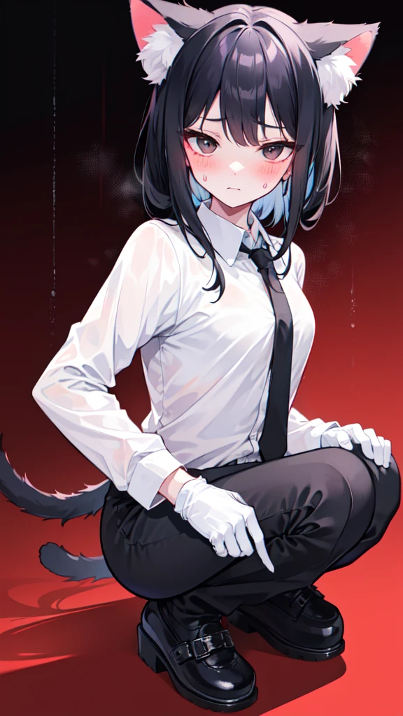 18-year-old Shota,cute,Wear a white long-sleeved shirt and a black work tie,Wear black pants,Wear black booties,Wear white gloves,wear cat ear,Black hair,Black eyes,Handsome,Disdainful and cold expression,shy,blush,Sweating,porn