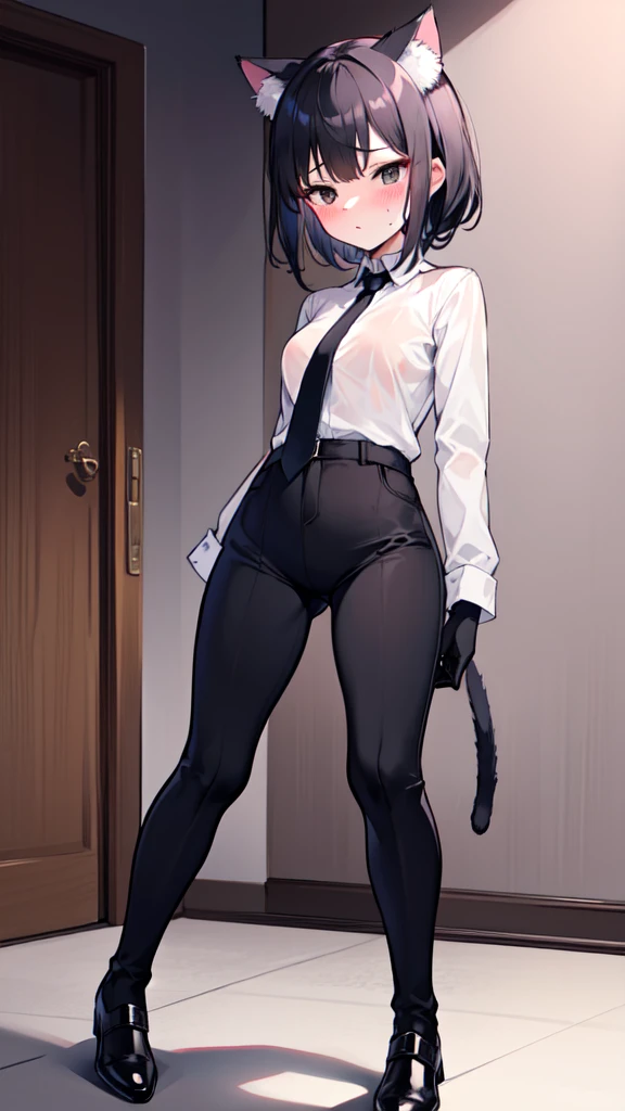 18-year-old Shota,cute,Wear a white long-sleeved shirt and a black work tie,Wear black pants,Wear black booties,Wear white gloves,wear cat ear,Black hair,Black eyes,Handsome,Disdainful and cold expression,shy,blush,Sweating,porn